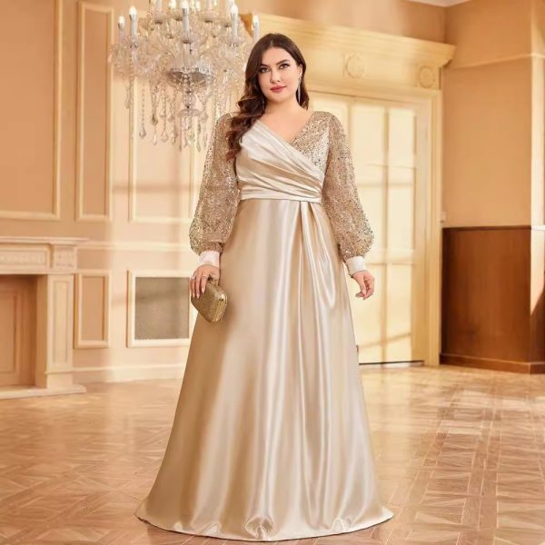 Plus Size Satin V-Neck Sequin Maxi Cocktail Evening Dress