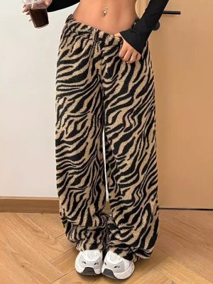 Autumn Winter Warm Leopard Print Wide Leg Pants