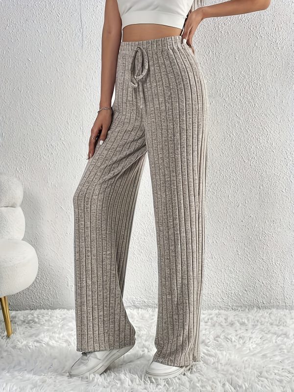 Women Casual Loose Elastic Waist Rib Knitted Sunken Stripe Pants - Image 3