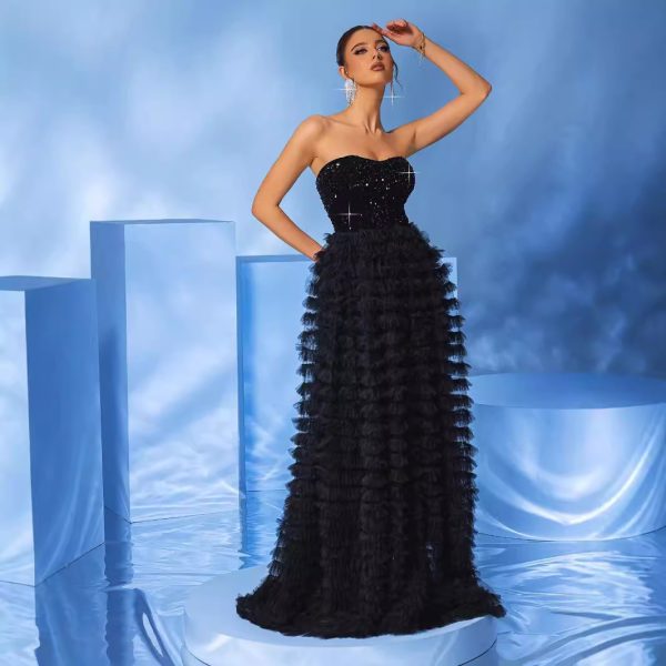 Women’s Strapless Black Mesh Sequin Evening Dress - Image 3