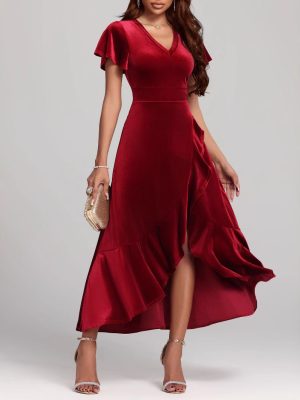 Autumn Winter Elegant Sexy Red Velvet Formal Dress