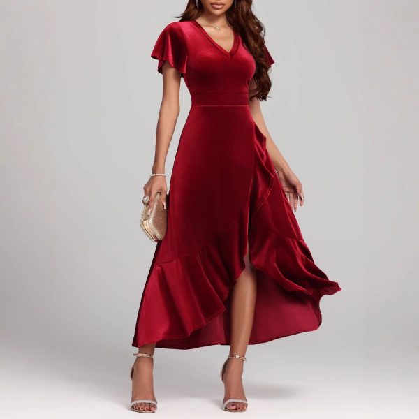 Autumn Winter Elegant Sexy Red Velvet Formal Dress