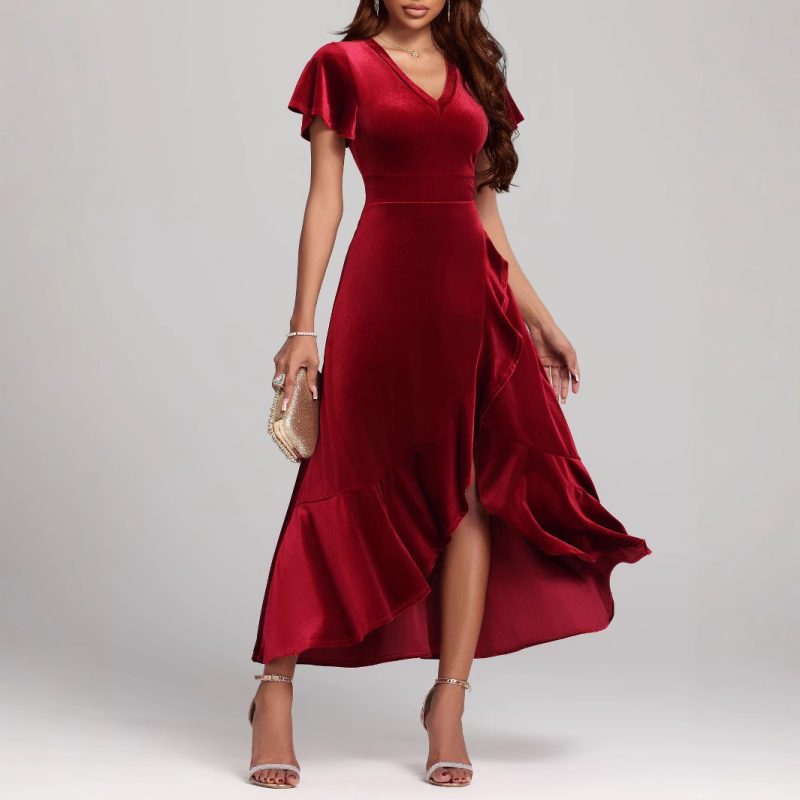 Autumn Winter Elegant Sexy Red Velvet Formal Dress