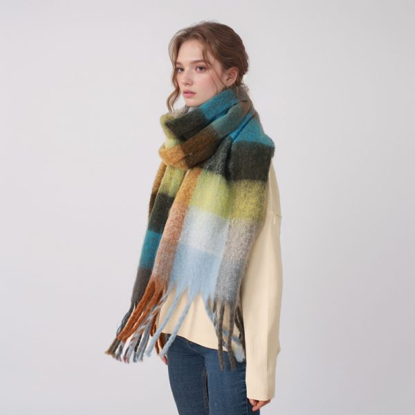 Autumn Winter Women Mohair Cashmere Plaid Warm Thickened Scarf - Image 2