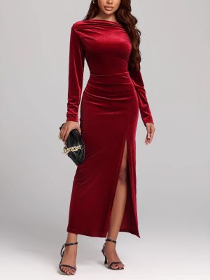 Autumn Winter Sexy Slit Formal Maxi Pleuche Dress for Women