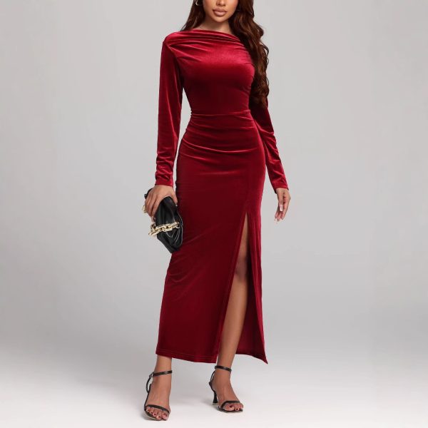 Autumn Winter Sexy Slit Formal Maxi Pleuche Dress for Women