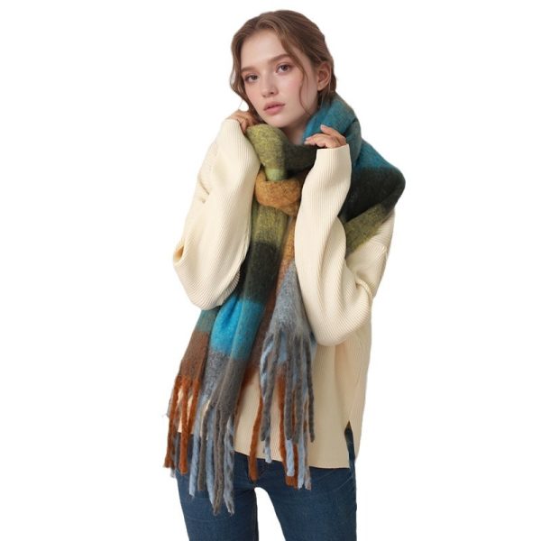 Autumn Winter Women Mohair Cashmere Plaid Warm Thickened Scarf - Image 5