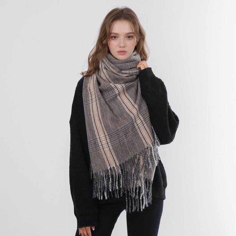 Women’s Thin Barbed Fringe Plaid Vintage Scarf for Winter