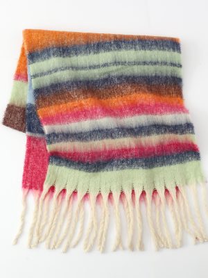 Women’s Thickened Braid Scarf, Striped Circle Yarn Shawl for Autumn Winter