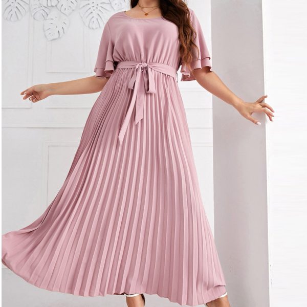 Plus Size Summer Square Collar Lace-Up Swing Pleated Dress - Image 4