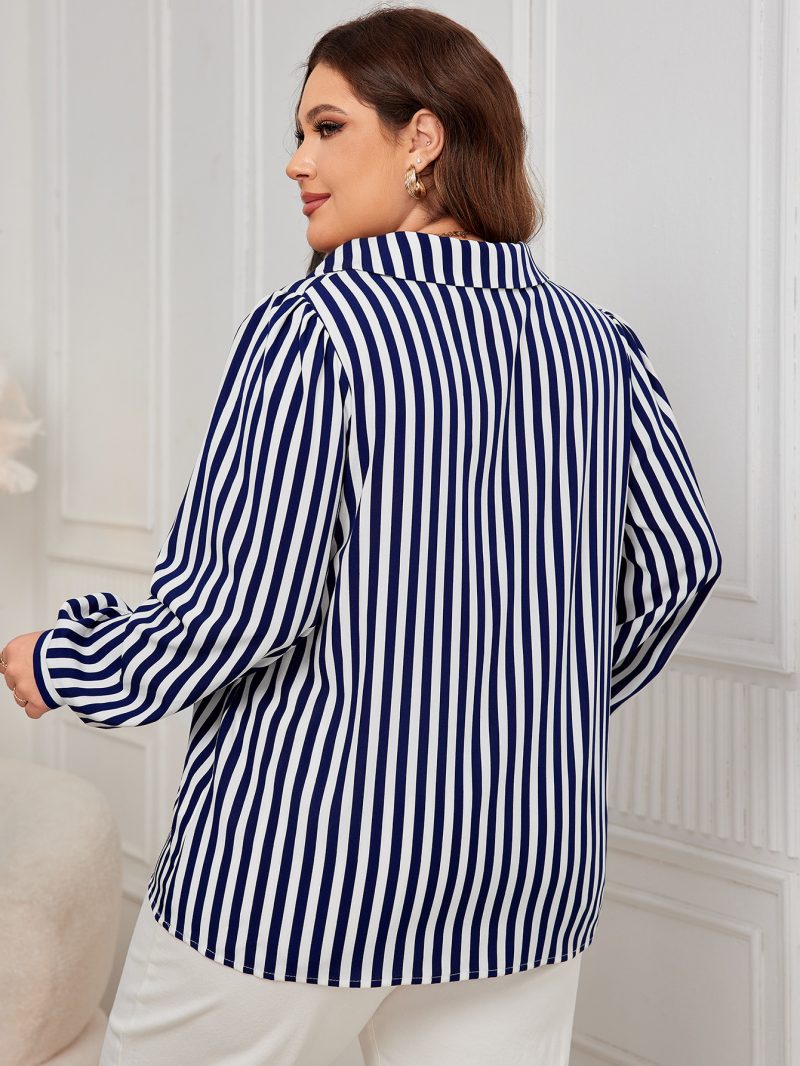 Plus Size Blue White Striped Polo Collar Office Shirt - Image 2