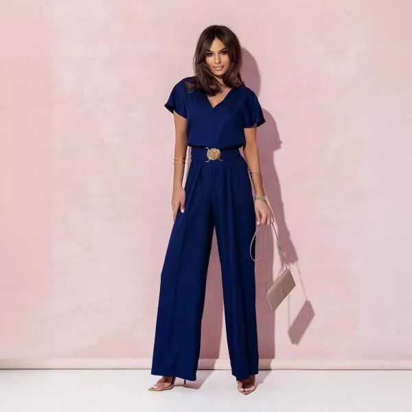 Women’s Solid Color V-Neck Jumpsuit - Image 3