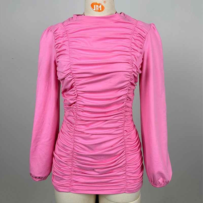 Women’s Autumn Winter Thermal Pleated Lantern Sleeve Slim Top - Image 5