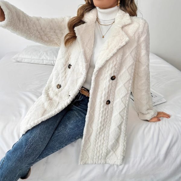 Double-Sided Plush Mid-Length Double-Breasted Suit Collar Cardigan Coat for Women