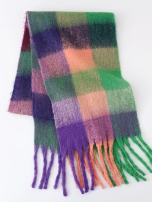 Women’s Thick Cashmere Striped Plaid Scarf – Warm Tassel Neck Warmer