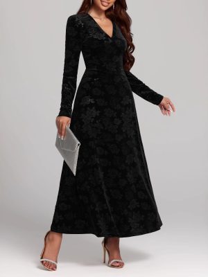 Autumn Winter Sexy V-Neck Long Sleeve Pleuche Maxi Dress