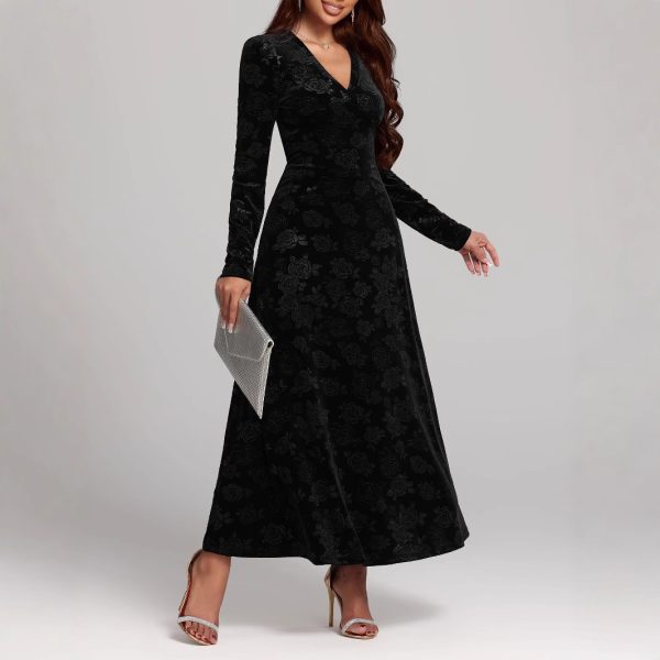 Autumn Winter Sexy V-Neck Long Sleeve Pleuche Maxi Dress