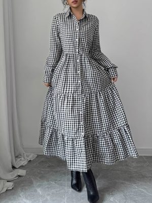 Spring Summer Plaid Shirt Dress with Collared Long Sleeves