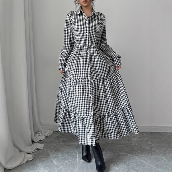 Spring Summer Plaid Shirt Dress with Collared Long Sleeves