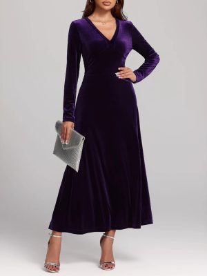 Autumn Winter V-Neck Long Sleeve Pleuche Evening Dress