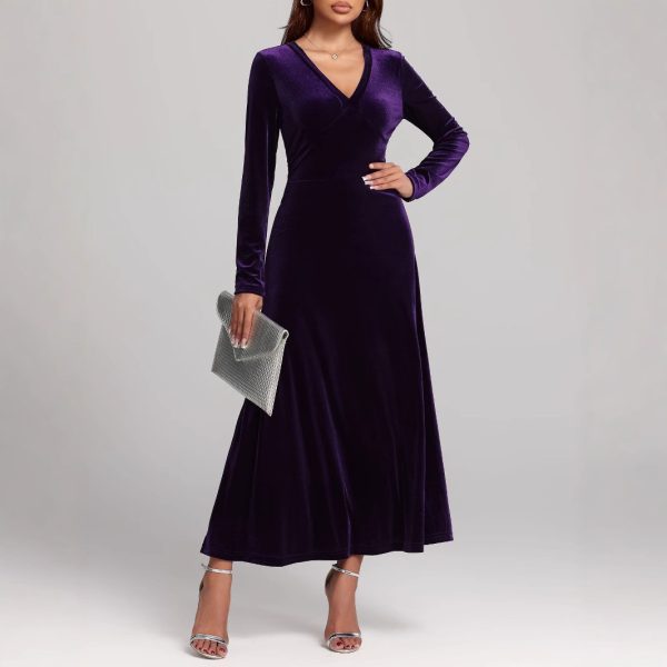 Autumn Winter V-Neck Long Sleeve Pleuche Evening Dress