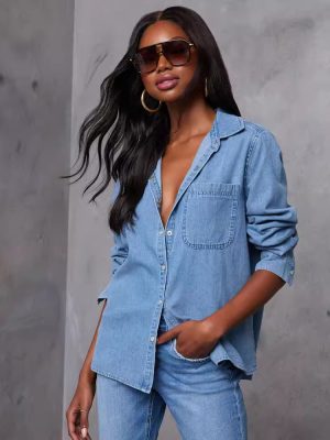 Women’s Autumn Denim Shirt with Pockets Casual Loose Long Sleeve Top