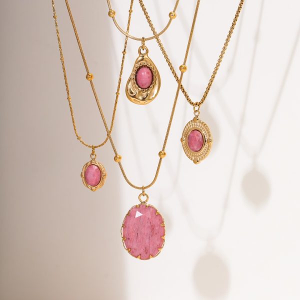 Rhodochrosite 18K Gold Titanium Steel Necklace