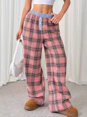 Millennium Sexy Sweet Plaid Color Block Waist Straight Leg Trousers