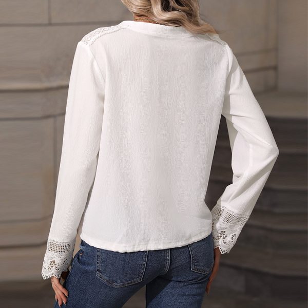 Elegant Lace V-Neck Long Sleeve Top with Ribbon Detail - Image 3