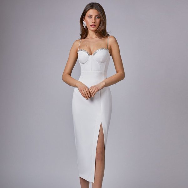 Sleeveless White Solid Color Sling Dress with Metal Corsage - Image 2