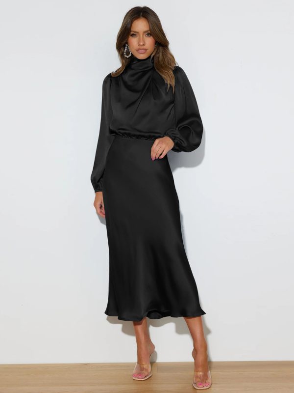 Women’s Elegant High-Grade Satin Long Sleeve Dress - Image 3