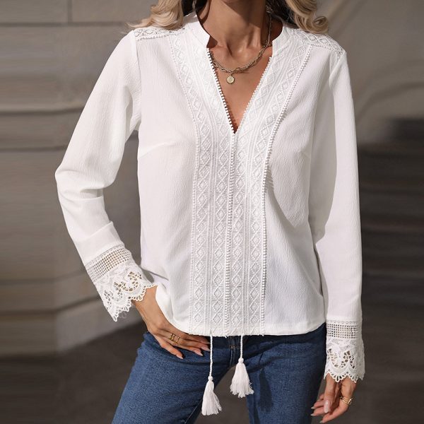 Elegant Lace V-Neck Long Sleeve Top with Ribbon Detail - Image 2