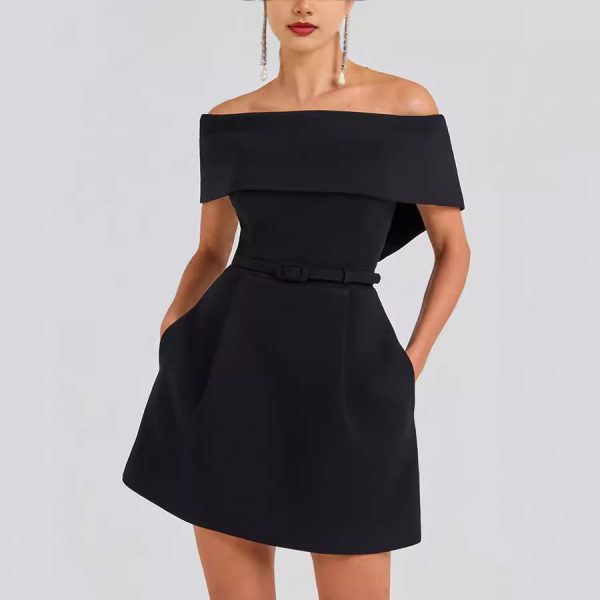 Women's Off-Shoulder Waist-Belt Casual Party Dress - Image 3