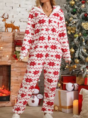 Christmas Printed Plush Jumpsuit with Long Sleeves and Trousers