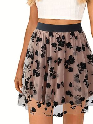 Spring Flocking Net Yarn Floral A-Line Swing Short Skirt