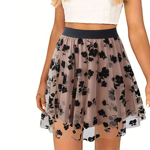 Spring Flocking Net Yarn Floral A-Line Swing Short Skirt