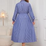 Plus Size Striped Lace-Up Slimming Long Sleeve Dress for Women - Image 2