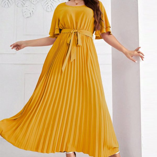 Plus Size Summer Square Collar Lace-Up Swing Pleated Dress