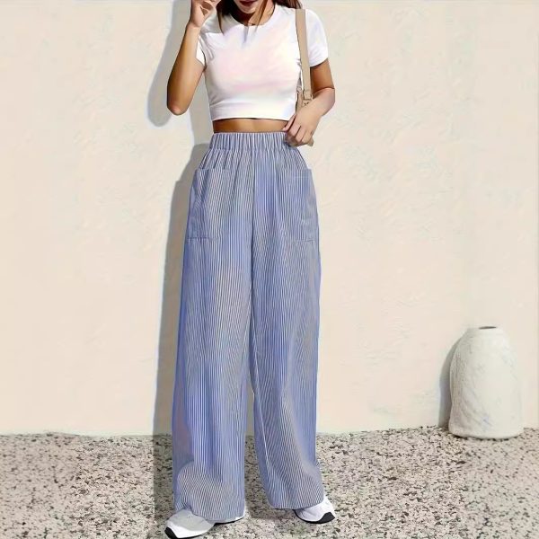 Women Stripes Printed Elastic Waist Wide Leg Pants Casual Loose Fit - Image 3