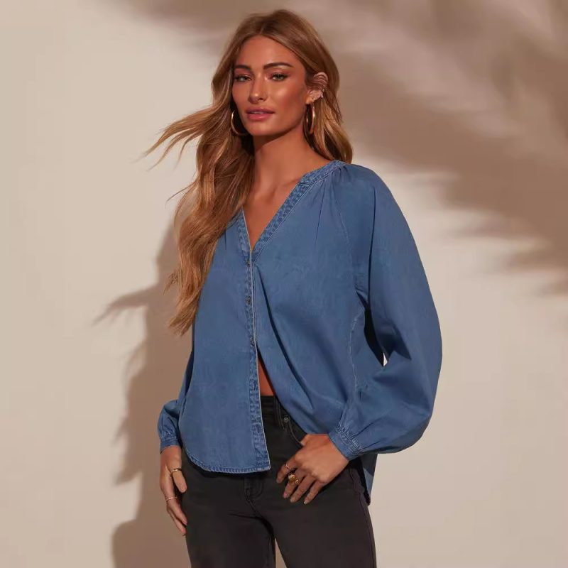 Women's Casual Loose-Fit V-Neck Washed Denim Long Sleeve Top