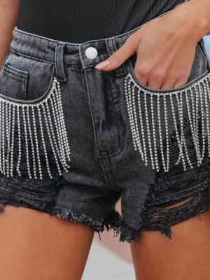 Women’s Chain Tassel Ripped Denim Shorts