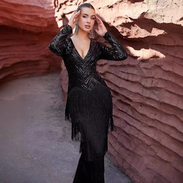 Sexy Long Sleeve Black Tassel Sequin Dinner Dress - Image 2