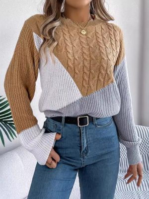 Autumn Winter Casual Plain Stitch Contrast Color Twist Knitted Pullover