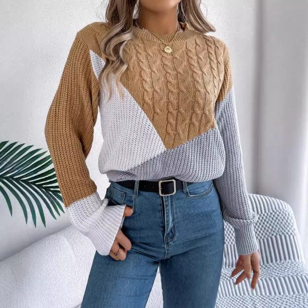 Autumn Winter Casual Plain Stitch Contrast Color Twist Knitted Pullover