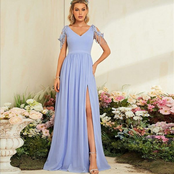 Elegant V-Neck Evening Dress with Slit – Sexy Prom, Party & Wedding Dress