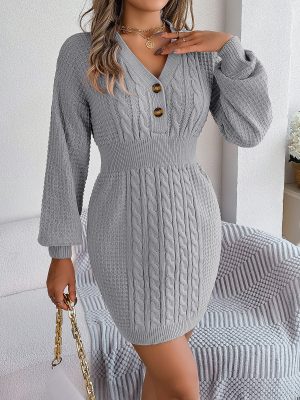 Fall Winter Button V-Neck Twist Lantern Sleeve Sweater Dress