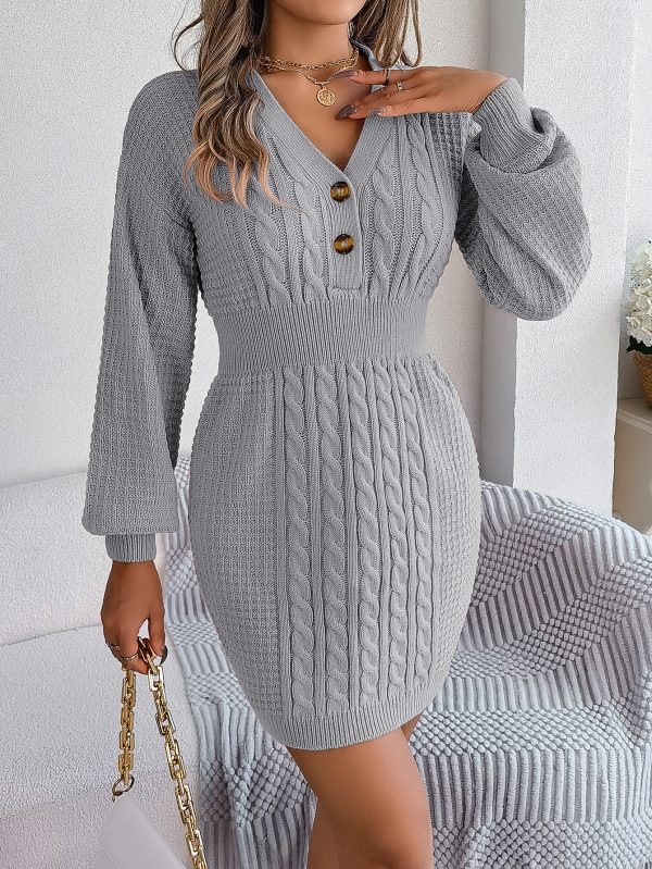 Fall Winter Button V-Neck Twist Lantern Sleeve Sweater Dress