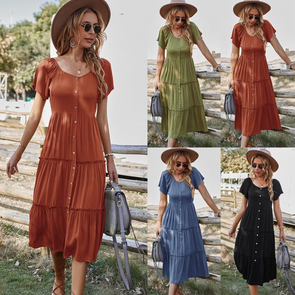 Casual Solid Color Round Neck Large Swing Dress for Women - Image 5