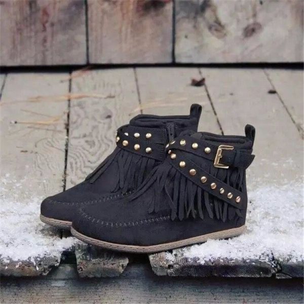 Women's Tassel Flat Short Boots with Rivets - Image 3