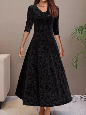 Autumn Winter Plus Size Mid-Length Pleuche Dress for Women